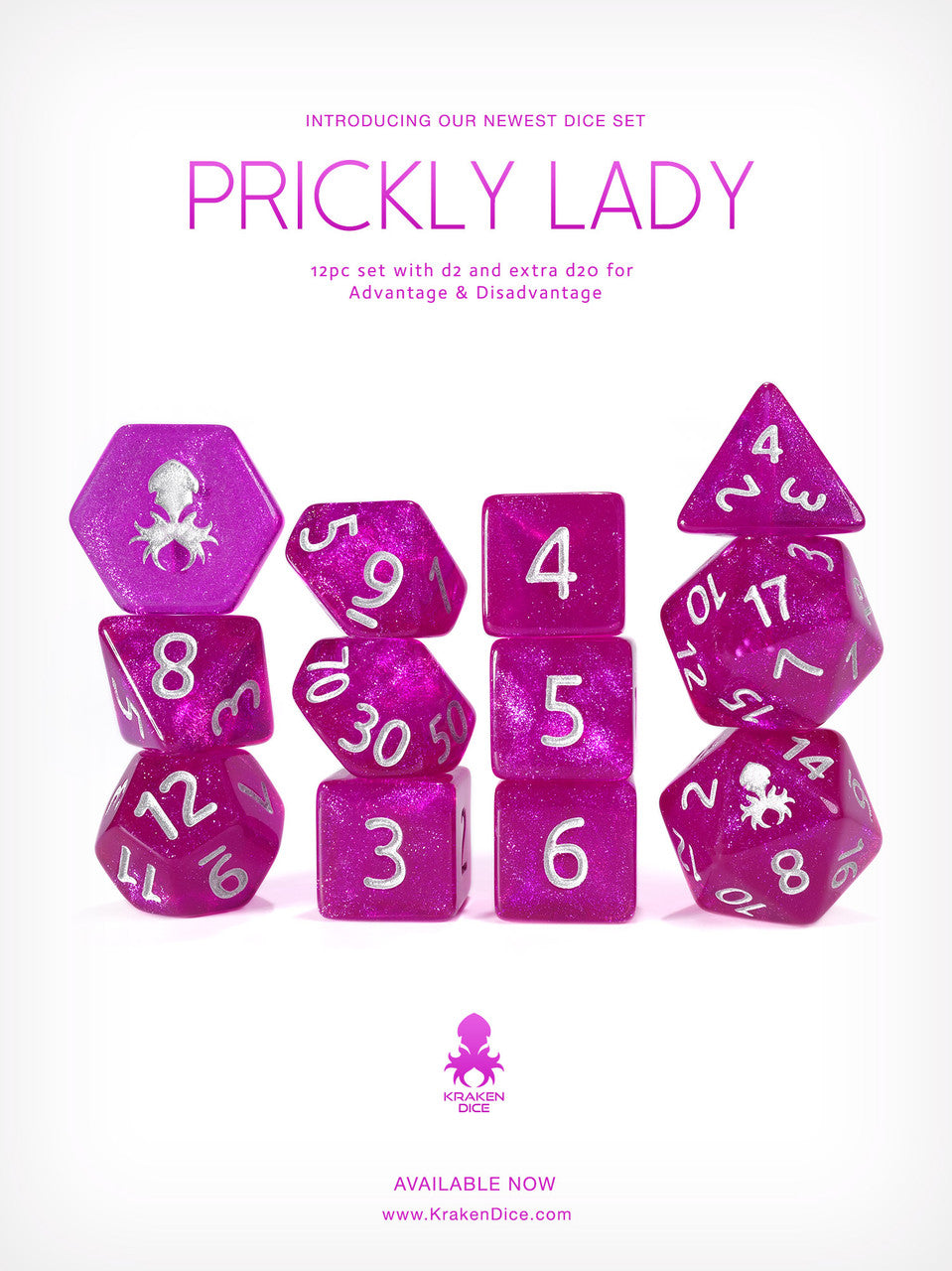 Prickly Lady 12pc Glitter RPG Dice Set with Silver Ink